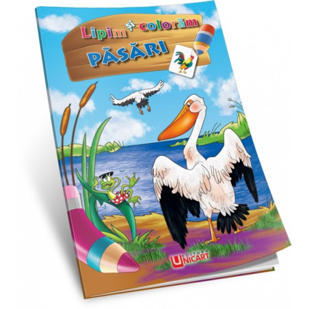Carte de colorat A4, Lipim si Coloram - Pasari, Unicart