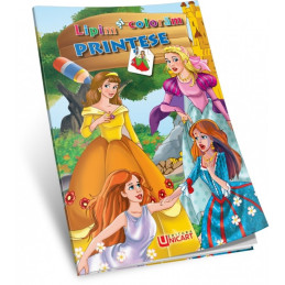Carte de colorat A4, Lipim si Coloram - Printesele, Unicart