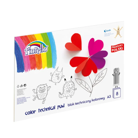 Bloc tehnic colorat A3 Fiorello 150-1439, 160g/mp, mix diverse culori, set 8 file