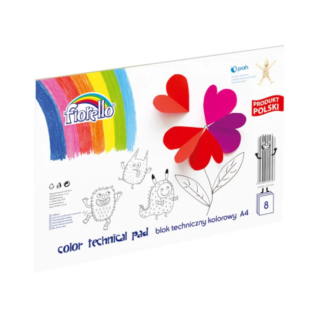 Bloc tehnic colorat A4 Fiorello 150-1438, 160g/mp, mix diverse culori, set 8 file