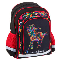 Ghiozdan Starpak Sweet Horses 2, 3 comparimente, 2 buzunare, negru cu rosu, 396187