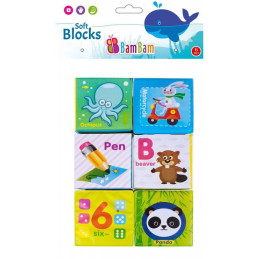 Jucarie de baie bebelusi - cuburi moi cu animale, cifre si litere, set 6 buc - Bam Bam 432485, 6+ luni