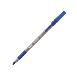 Pix cu bila Bic Roundstic Exact Fine, 0.7mm, cu capac, corp gri, grip cauciucat, scris albastru