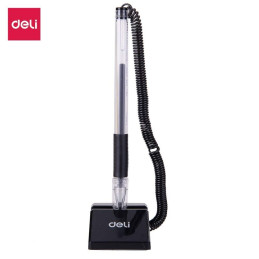 Pix cu bila Deli 6791, 0.5mm, cu suport birou, corp transparent, grip cauciucat, scris negru