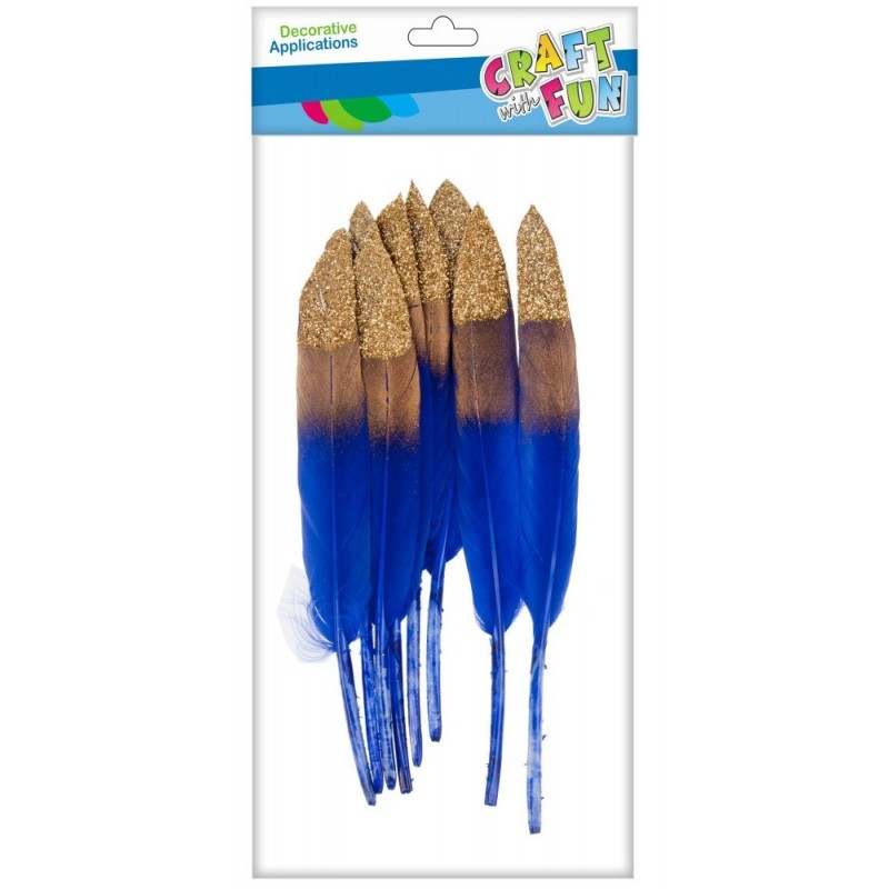 Accesorii creatie - pene, albastru, 12-15cm, cu sclipici auriu, set 8 buc, Craft with Fun, 463659 Accesorii creatie - pene, albastru, 12-15cm, cu sclipici auriu, set 8 buc, Craft with Fun, 463659