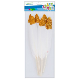 Accesorii creatie - pene, alb, 12-15cm, cu sclipici auriu, set 6 buc, Craft with Fun, 463663/664