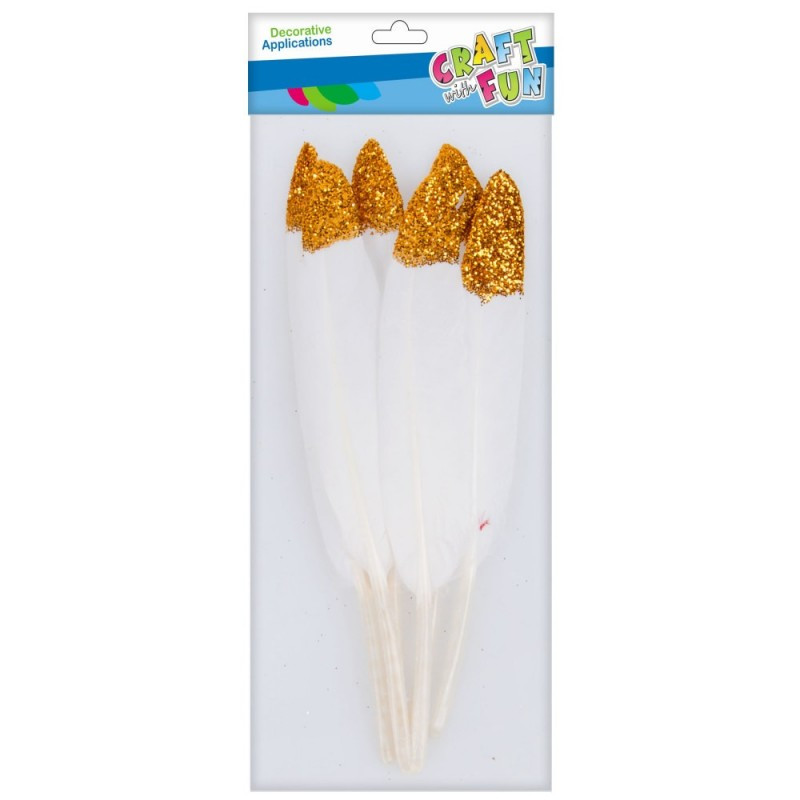 Accesorii creatie - pene, alb, 12-15cm, cu sclipici auriu, set 6 buc, Craft with Fun, 463663/664 Accesorii creatie - pene, alb, 12-15cm, cu sclipici auriu, set 6 buc, Craft with Fun, 463663/664
