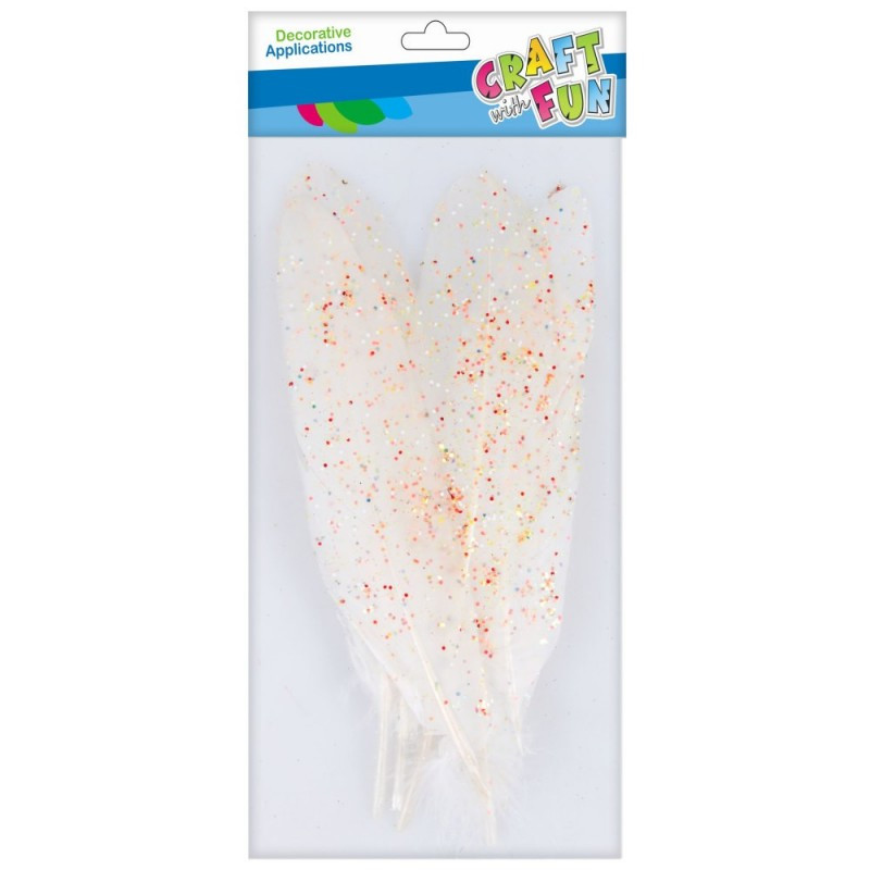 Accesorii creatie - pene, alb, 18-20cm, cu sclipici fluorescent, set 6 buc, Craft with Fun, 463670 Accesorii creatie - pene, alb, 18-20cm, cu sclipici fluorescent, set 6 buc, Craft with Fun, 463670