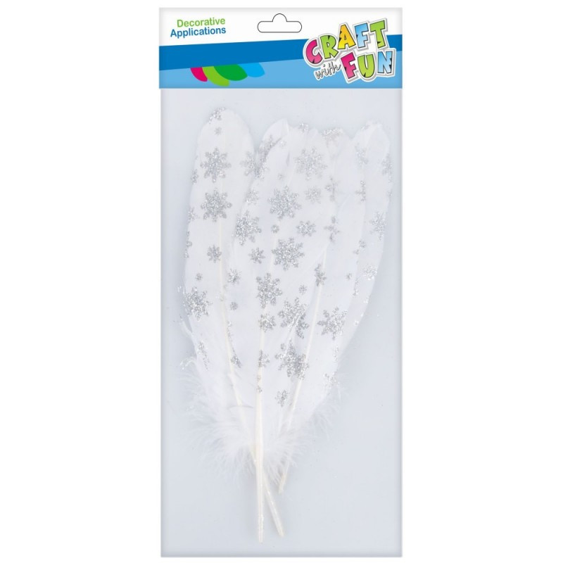 Accesorii creatie - pene, alb, 18-20cm, cu stelute argintii, set 6 buc, Craft with Fun, 463655 Accesorii creatie - pene, alb, 18-20cm, cu stelute argintii, set 6 buc, Craft with Fun, 463655