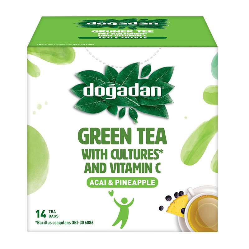 Ceai verde cu acai, ananas probiotice si Vitamina C Dogadan, 14 plicuri/cutie Ceai verde cu acai, ananas probiotice si Vitamina C Dogadan, 14 plicuri/cutie