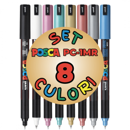 Marker UNI Posca PC-1MR, varf fin metalic, 0.7mm, set 8 culori metalizate