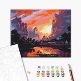Set Pictura pe numere 40x50cm, Brushme - Apus de soare in munti - panza, cadru de lemn, pensule, culori acrilice, BS51977