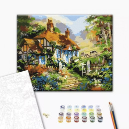 Set Pictura pe numere 40x50cm, Brushme - Casa in padure - panza, cadru de lemn, pensule, culori acrilice, BS51879