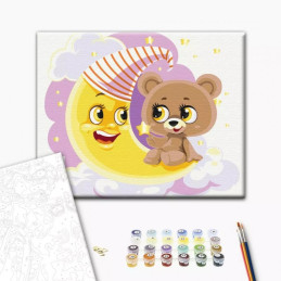 Set Pictura pe numere 30x40cm, Brushme - Ursulet pe luna - panza, cadru de lemn, pensule, culori acrilice, KBS0088