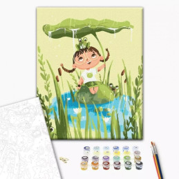 Set Pictura pe numere 30x40cm, Brushme - Fetita cu broscute - panza, cadru de lemn, pensule, culori acrilice, KBS0125