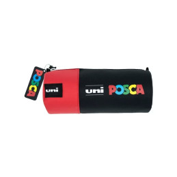 Penar echipat UNI Posca 44996, cilindric, 1 fermoar, negru cu rosu, 16 markere (6x5M, 6x3M, 4x1M)