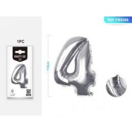Baloane aniversare PartyGo cifra 4, 40cm, argintiu, FB0005