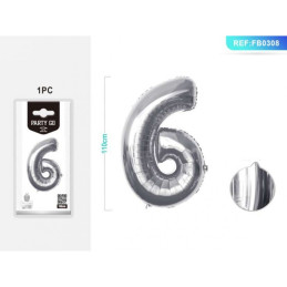 Baloane aniversare PartyGo cifra 6, 40cm, argintiu, 405178 / FB0007