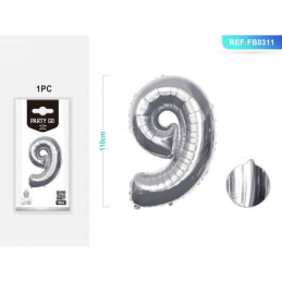 Baloane aniversare PartyGo cifra 9, 40cm, argintiu, 405181 / FB0010