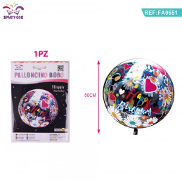 Baloane din folie PartyGo Happy Birthday, 50cm, transparent cu desene, FA0651