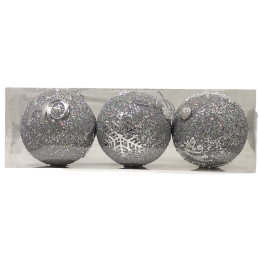 Globuri brad Craciun CNX CH-8, polistiren, argintiu, 7.5cm, cu sclipici, desene, set 3 buc