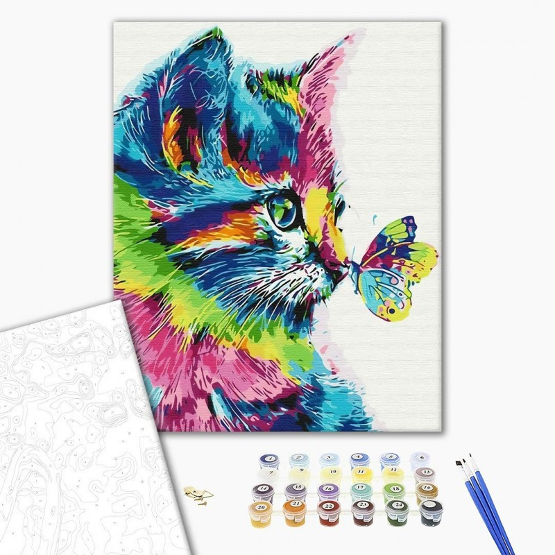 Set pictura pe numere 40x50cm, Brushme - Pisica colorata - pensule, culori, BS31326 Set pictura pe numere 40x50cm, Brushme - Pisica colorata - pensule, culori, BS31326