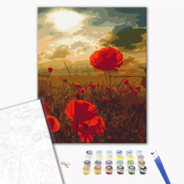 Set Pictura pe numere 40x50cm, Brushme - Camp cu maci - panza, cadru de lemn, pensule, culori acrilice, BS51961