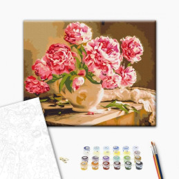 Set Pictura pe numere 40x50cm, Brushme - Vaza cu bujori - panza, cadru de lemn, pensule, culori acrilice, BS52704