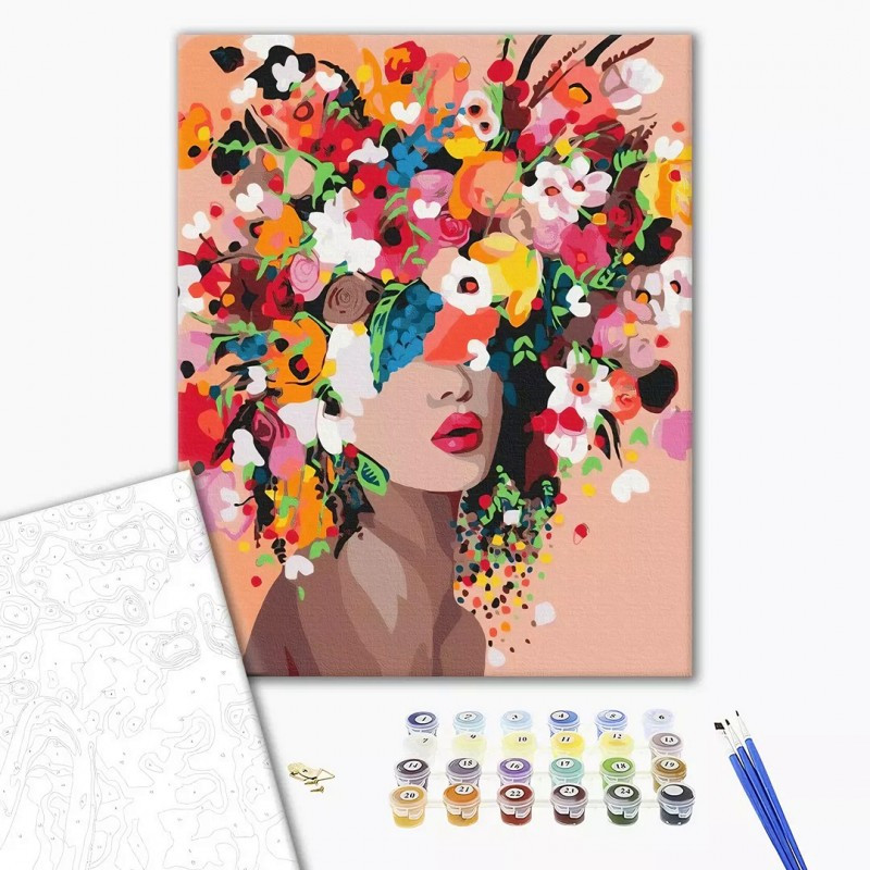 Set Pictura pe numere 40x50cm, Brushme - Coafura femeie cu flori - panza, cadru de lemn, pensule, culori acrilice, BS41053 Set Pictura pe numere 40x50cm, Brushme - Coafura femeie cu flori - panza, cadru de lemn, pensule, culori acrilice, BS41053