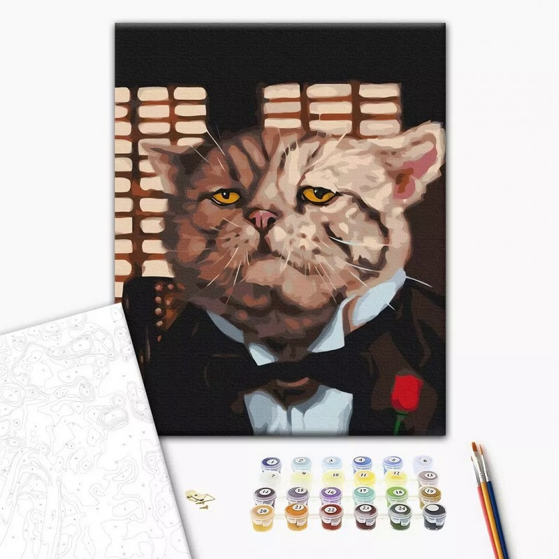 Set Pictura pe numere 40x50cm, Brushme - Motanul mafiot - panza, cadru de lemn, pensule, culori acrilice, BS53512 Set Pictura pe numere 40x50cm, Brushme - Motanul mafiot - panza, cadru de lemn, pensule, culori acrilice, BS53512