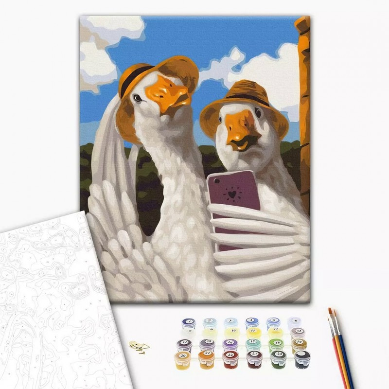 Set Pictura pe numere 40x50cm, Brushme - Selfie 2 Lebede - panza, cadru de lemn, pensule, culori acrilice, BS53505 Set Pictura pe numere 40x50cm, Brushme - Selfie 2 Lebede - panza, cadru de lemn, pensule, culori acrilice, BS53505