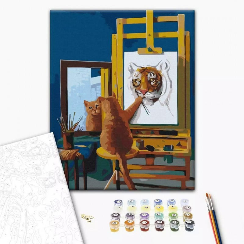 Set Pictura pe numere 40x50cm, Brushme - Motanul pictor - panza, cadru de lemn, pensule, culori acrilice, BS53459 Set Pictura pe numere 40x50cm, Brushme - Motanul pictor - panza, cadru de lemn, pensule, culori acrilice, BS53459