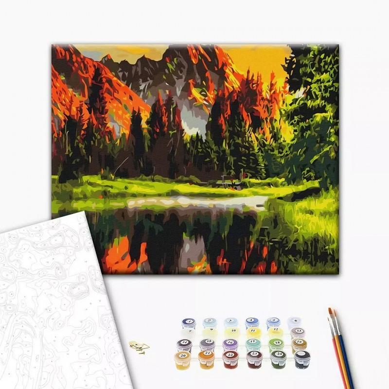 Set Pictura pe numere 40x50cm, Brushme - Apus de soare la munte - panza, cadru de lemn, pensule, culori acrilice, BS3348 Set Pictura pe numere 40x50cm, Brushme - Apus de soare la munte - panza, cadru de lemn, pensule, culori acrilice, BS3348