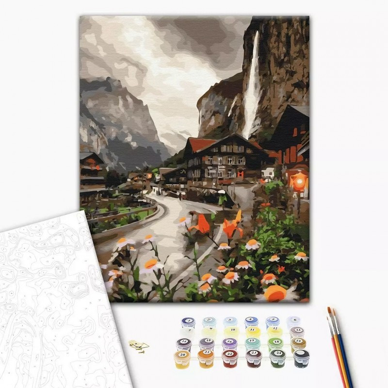 Set Pictura pe numere 40x50cm, Brushme - Zona montana in Elvetia - panza, cadru de lemn, pensule, culori acrilice, BS36527 Set Pictura pe numere 40x50cm, Brushme - Zona montana in Elvetia - panza, cadru de lemn, pensule, culori acrilice, BS36527