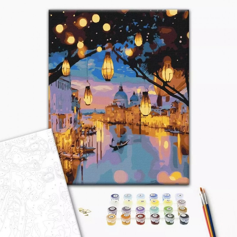 Set Pictura pe numere 40x50cm, Brushme - Noaptea la Venetia - panza, cadru de lemn, pensule, culori acrilice, BS24915 Set Pictura pe numere 40x50cm, Brushme - Noaptea la Venetia - panza, cadru de lemn, pensule, culori acrilice, BS24915