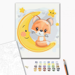 Set Pictura pe numere 30x40cm, Brushme - Vulpita pe luna - panza, cadru de lemn, pensule, culori acrilice, KBS0108