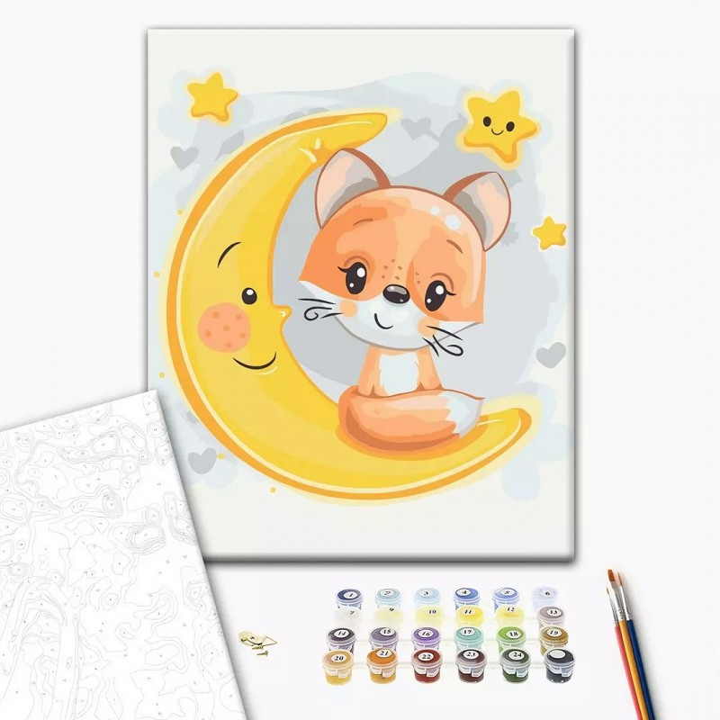 Set Pictura pe numere 30x40cm, Brushme - Vulpita pe luna - panza, cadru de lemn, pensule, culori acrilice, KBS0108 Set Pictura pe numere 30x40cm, Brushme - Vulpita pe luna - panza, cadru de lemn, pensule, culori acrilice, KBS0108