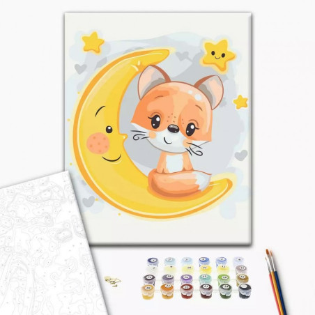 Set Pictura pe numere 30x40cm, Brushme - Vulpita pe luna - panza, cadru de lemn, pensule, culori acrilice, KBS0108