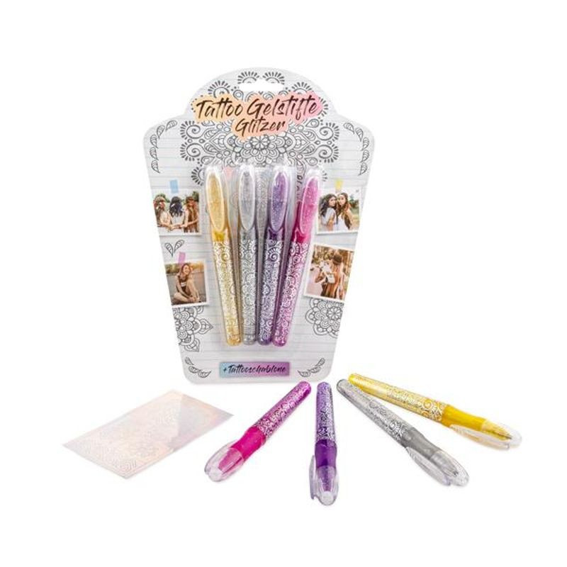 Pix cu gel Trendhaus CH28397, pentru tatuaje cu sclipici, set 4 culori, include sablon Pix cu gel Trendhaus CH28397, pentru tatuaje cu sclipici, set 4 culori, include sablon