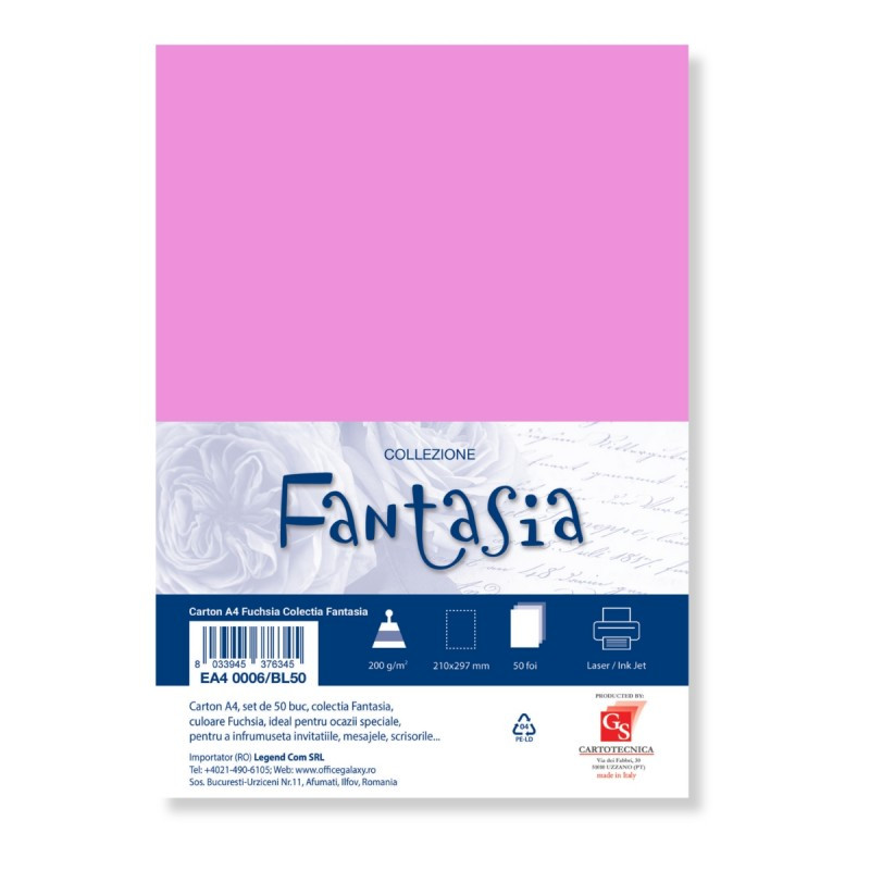 Carton special colorat A4 Colorarte Fantasia, 200g/mp, fuchsia, top 50 coli Carton special colorat A4 Colorarte Fantasia, 200g/mp, fuchsia, top 50 coli