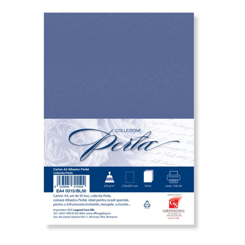 Carton special colorat A4 Colorarte Perla, 250g/mp, albastru perlat, top 50 coli Carton special colorat A4 Colorarte Perla, 250g/mp, albastru perlat, top 50 coli