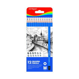 Creion grafit Keyroad KR972271, B-8B / HB-6H, corp hexagonal albastru, fara guma de sters, set 12 buc