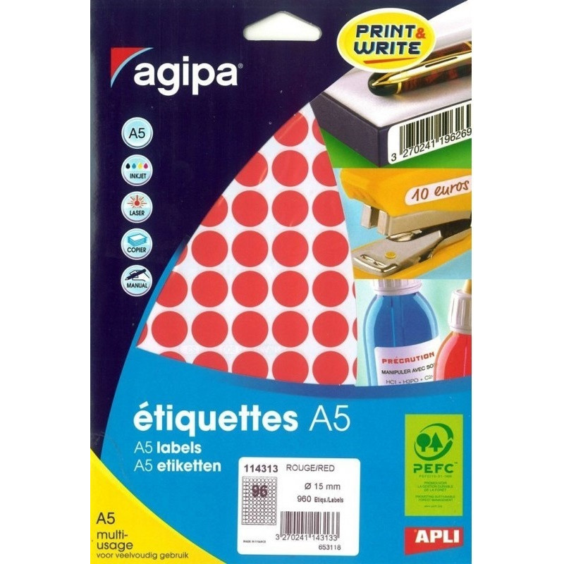 Stickere buline rosii 96/A5, Ø15mm, 10 Coli, Agipa Stickere buline rosii 96/A5, Ø15mm, 10 Coli, Agipa