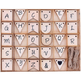 Set 84 bucati litere din lemn, stegulete decorative, 4x5 cm