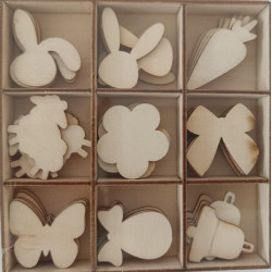 Set figurine lemn 9 modele, 45 bucati/set  9 modele: flori, fluturi, iepurasi, oite, fundite, clopotei, morcovi