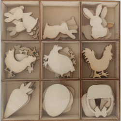 Set figurine lemn 9 modele, iepurasi, oua, morcovi, gaina , pui, cocos, cosulet 45 bucati