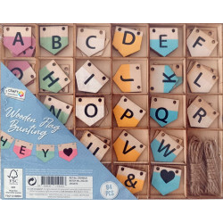 Set 84 bucati litere din lemn, stegulete decorative, 4x5 cm