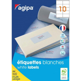 Etichete autocolante Agipa 101134/119013, 10/A4, 105x57mm, permanente, colturi drepte, alb, top 100 coli (1000 etichete)