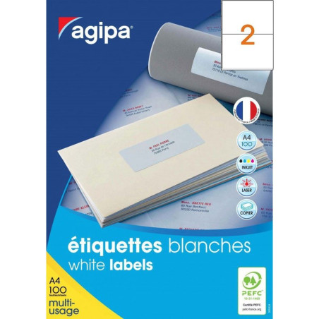 Etichete autocolante Agipa 101137/119016, 2/A4, 210x148.5mm, permanente, colturi drepte, alb, top 100 coli (200 etichete)
