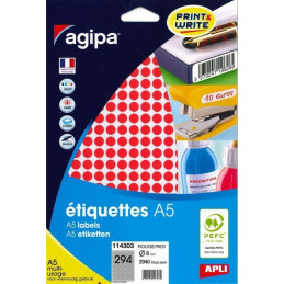 Etichete autocolante Agipa 114303, 294/A5, 8mm, permanente, rotund, rosu, top 10 coli (2940 etichete)